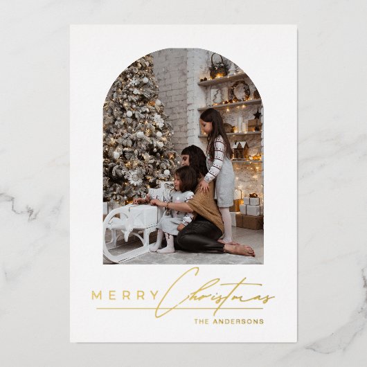 モダン ミニマル スクリプト アーチ 写真 ゴールド クリスマス 箔シーズンカード (正面)