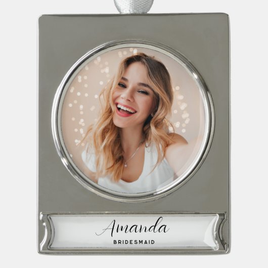 モダン ミニマル スクリプト ブライズメイド シルバープレートバナーオーナメント (正面)