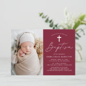 モダン ミニマル スクリプト ワインレッド フォト 洗礼 招待状 (スタンド正面)