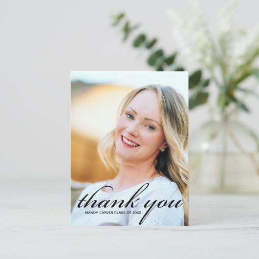 モダン ミニマル スクリプト 卒業写真 サンクス ポストカード (スタンド正面)