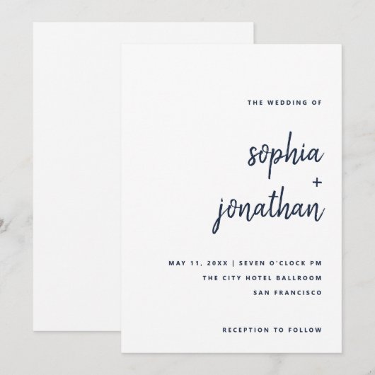 モダン ミニマル スクリプト | 白とネイビーの結婚式 招待状 (正面/裏面)