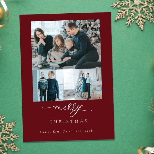モダン ミニマル スクリプト 3 フォト メリー クリスマス レッド