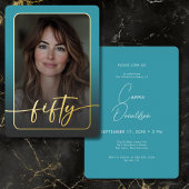 モダン ミニマル ターコイズ フォト 50歳の誕生日 箔招待状