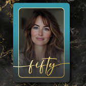 モダン ミニマル ターコイズ フォト 50歳の誕生日 箔招待状