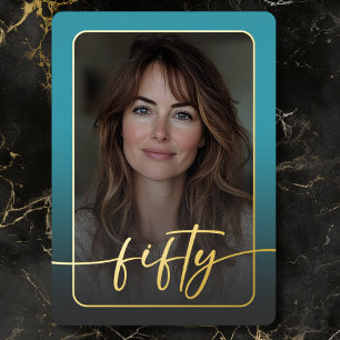 モダン ミニマル ターコイズ フォト 50歳の誕生日 箔招待状