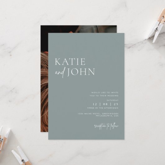モダン ミニマル ダスティーブルー ウェディングフォト 招待状 (正面/裏面インサイチュ)