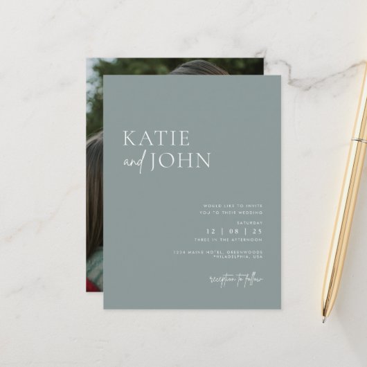 モダン ミニマル ダスティーブルー ウェディングフォト 案内ポストカード (正面/裏面インサイチュ)