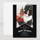 モダン ミニマル ハッピー ホリデーズ フォト ブラック リボン シーズンカード (正面/裏面)