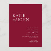 モダン ミニマル バーガンディーレッドの結婚式 案内ポストカード (正面)