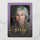 モダン ミニマル パープル 写真 60歳の誕生日 箔招待状 (正面)
