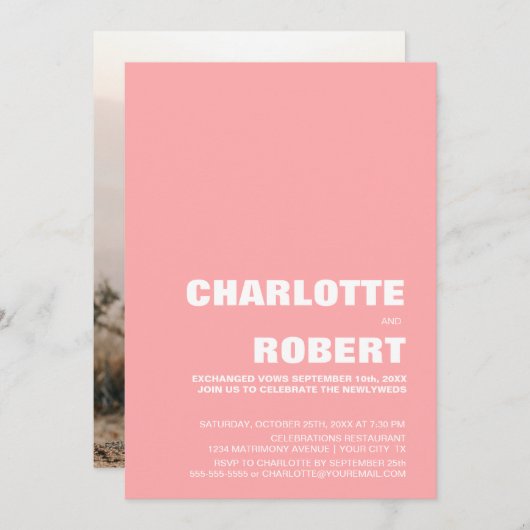 モダン ミニマル ピンクの結婚式の披露宴 招待状 (正面/裏面)