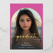 モダン ミニマル ピンク フォイル 卒業発表 箔招待状 (正面)