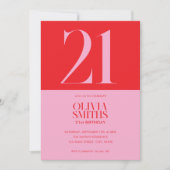 モダン ミニマル ピンク レッド 21歳の誕生日 招待状 (正面)