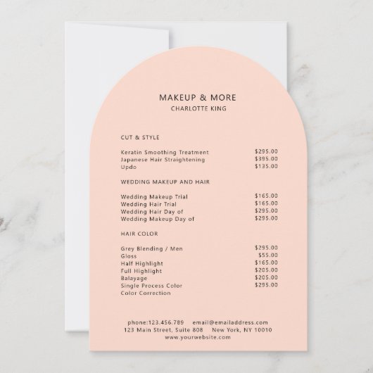 モダン ミニマル ピーチ サロン 料金表 招待状 (正面)