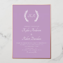 モダン ミニマル フラワー モノグラム ラベンダー ローズ ゴールド 箔招待状