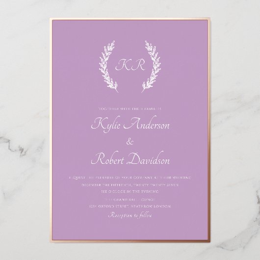 モダン ミニマル フラワー モノグラム ラベンダー ローズ ゴールド 箔招待状 (正面)