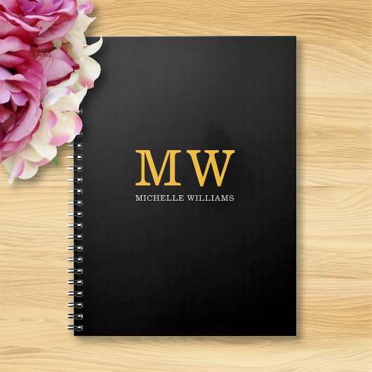 モダン ミニマル ブラックゴールドイニシャル 名前 ノートブック
