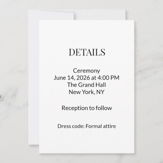 モダン ミニマル ブラック ホワイト ウェディング 詳細カード 招待状 (正面)