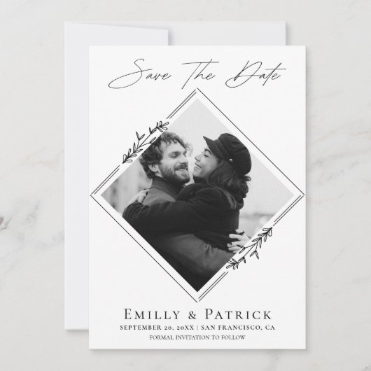 モダン ミニマル ブラック＆ホワイト フォト セーブザデート (正面)