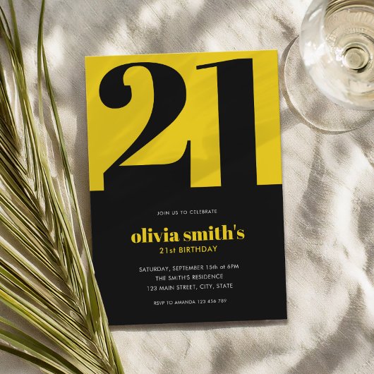 モダン ミニマル ブルー イエロー 21歳の誕生日 招待状