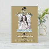 モダン ミニマル ブルー ゴールド フォト 卒業パーティー 招待状 (スタンド正面)