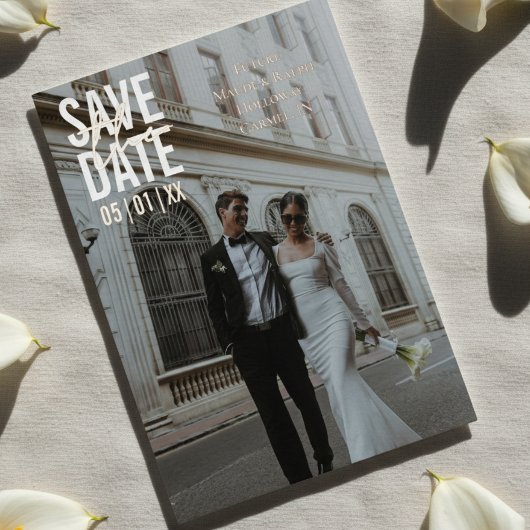 モダン ミニマル ブロック タイポグラフィー Save the Date 箔招待状