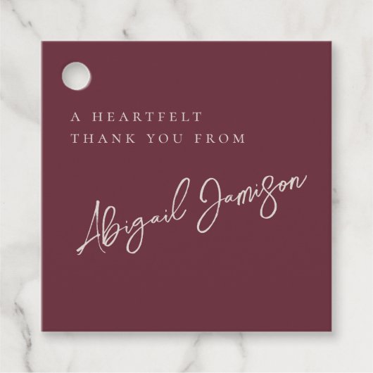 モダン ミニマル プラム ブライダル シャワー フェイバータグ (正面)