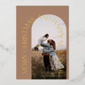 モダン ミニマル ベージュ アーチ 2 フォト メリークリスマス 箔シーズンカード (正面)