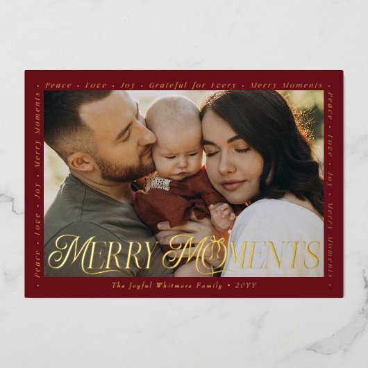 モダン ミニマル ボウ メリー モーメンツ フォト コラージュ 箔シーズンカード (正面)