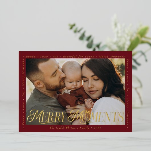 モダン ミニマル ボウ メリー モーメンツ フォト コラージュ 箔シーズンカード (立ち正面)