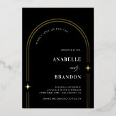 モダン ミニマル ボーホ アーチ & フォト シンプル ブラック ゴールド 箔招待状 (正面)