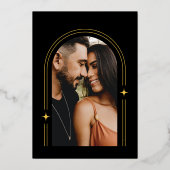 モダン ミニマル ボーホ アーチ & フォト シンプル ブラック ゴールド 箔招待状 (裏面)