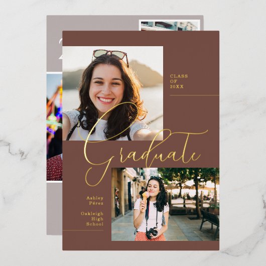 モダン ミニマル ボーホ | 卒業写真パーティー 箔招待状 (正面/裏面)