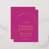 モダン ミニマル マゼンタのアーチウェディング 箔招待状ポストカード (正面/裏面)