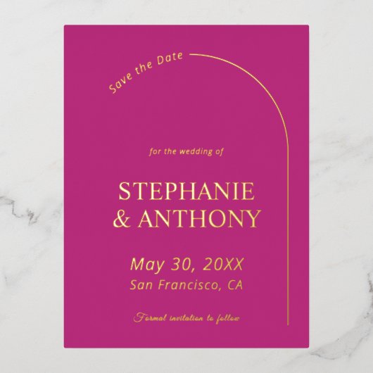 モダン ミニマル マゼンタのアーチウェディング 箔招待状ポストカード (正面)