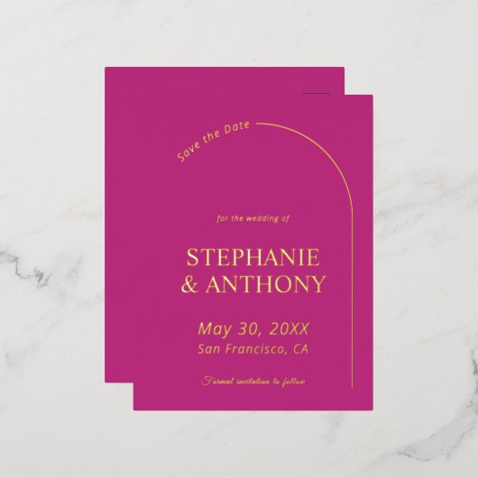 モダン ミニマル マゼンタの アーチウェディング 箔招待状ポストカード (正面/裏面)