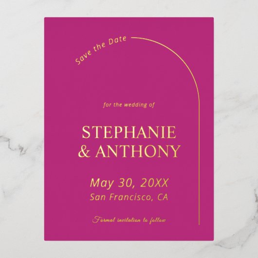 モダン ミニマル マゼンタの アーチウェディング 箔招待状ポストカード (正面)