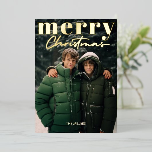モダン ミニマル メリークリスマス 1枚の写真のエレガントなデザイン 箔シーズンカード (立ち正面)