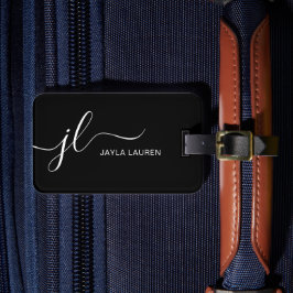 モダン ミニマル モノグラム スクリプト ブラック アンド ホワイト ラゲッジタグ