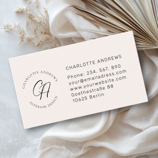 モダン，ミニマル，モノグラム，ロゴ，円，ベージュ 名刺