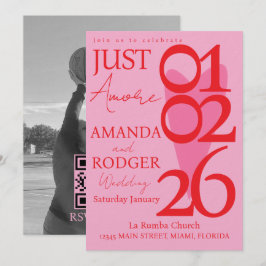 モダン ミニマル レッド ピンク ハート フォト ウェディング 招待状