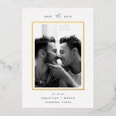 モダン ミニマル | 縦写真 セーブ・ザ・デート 箔招待状 (正面)