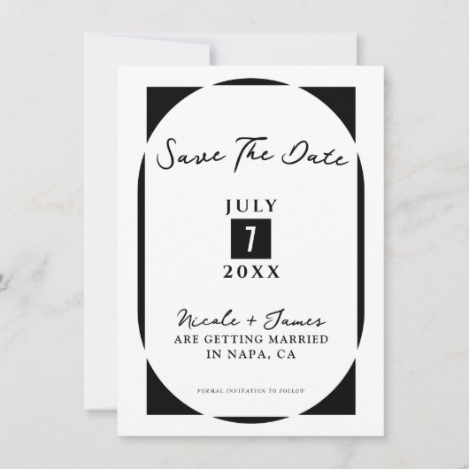 モダン ミニマル 黒と白の Save the Date 招待状 (正面)