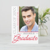 モダン ミニマル 1 枚の写真 赤と白の卒業式 招待状 (スタンド正面)
