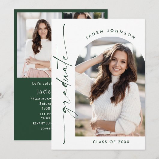 モダン ミニマル 2 フォト 卒業パーティー 招待状 (正面/裏面)