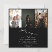 モダン ミニマル 3 フォト ブラック＆ホワイト ウェディング 招待状 (正面)