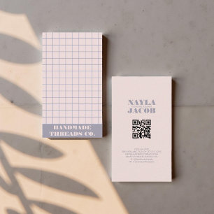 モダン ミューテッド パープル チェック柄 QR コード 名刺