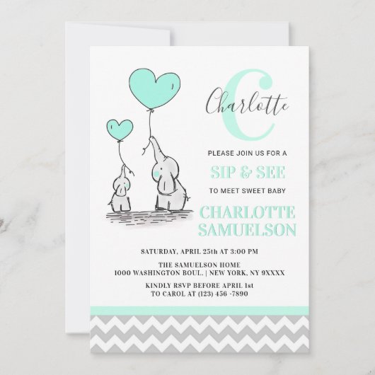 モダン ミントグリーン エレファント SIP & SEE ベビーガール 招待状 (正面)