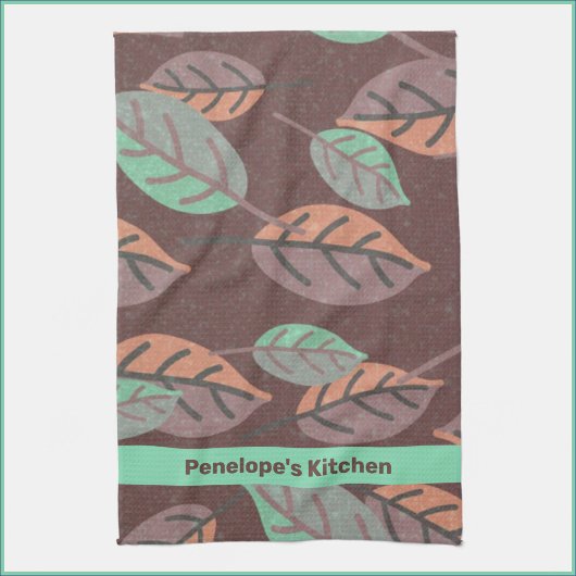 モダン ミントグリーン オレンジ パープル リーフ キッチンタオル