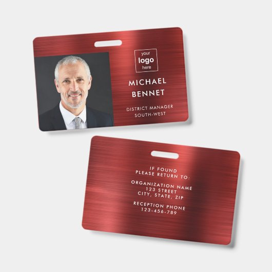 モダン メタリック レッド 企業写真 ID バッジ (正面＆裏面)